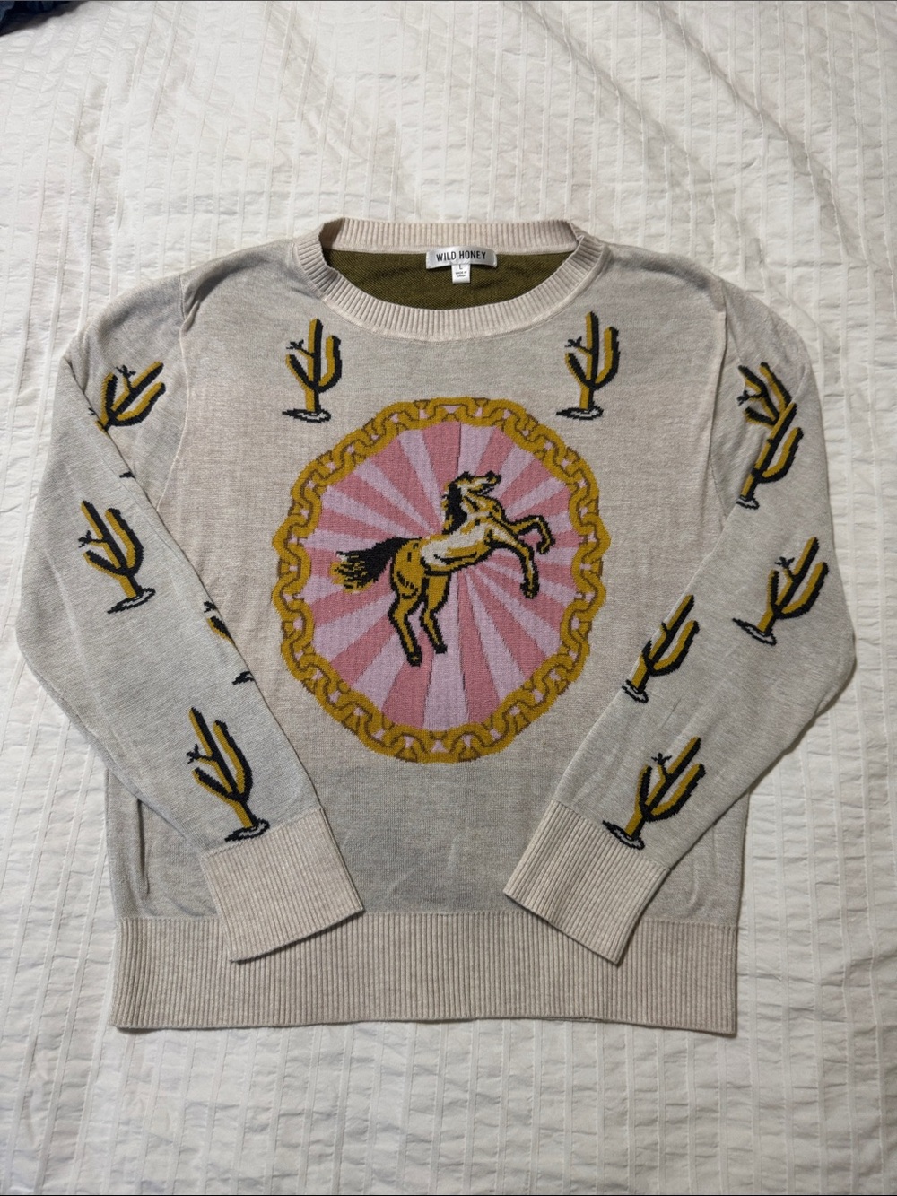 Wild Honey Beige Sweater with Pink Horse Medallion and Mustard Cacti